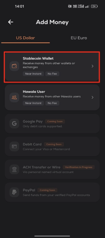 Hawala Add Money screen with Stablecoin Wallet selected