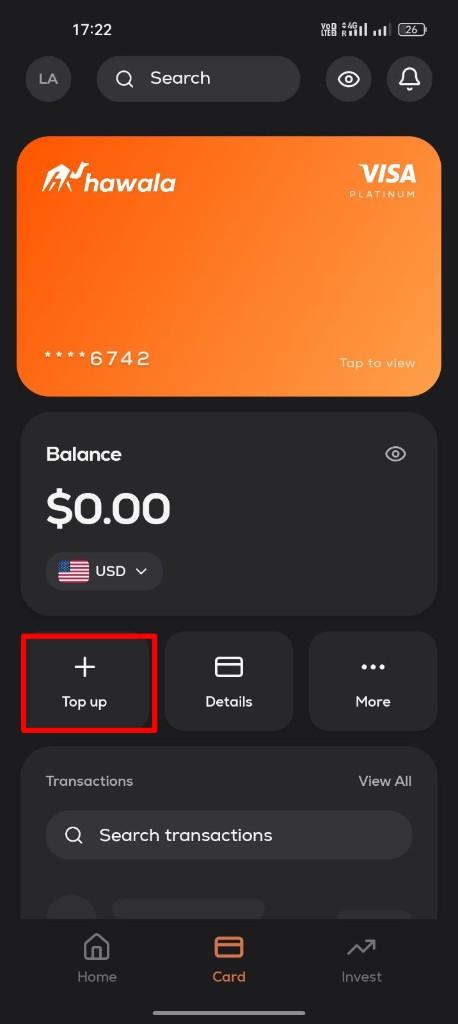 Hawala home screen with the virtual Visa card and Top up button