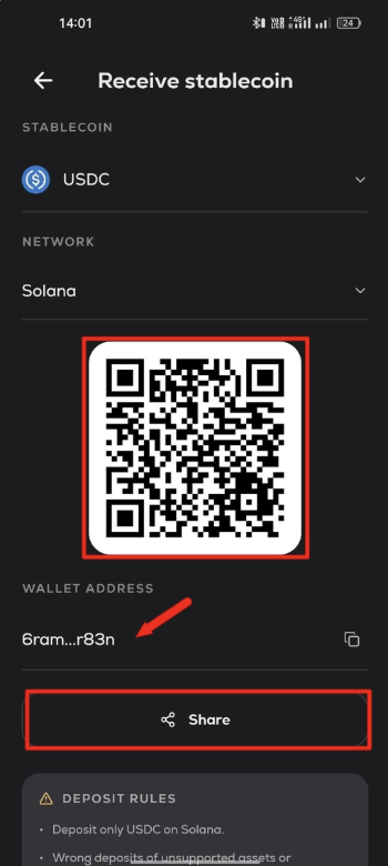 Hawala USDC on Solana deposit address with QR code