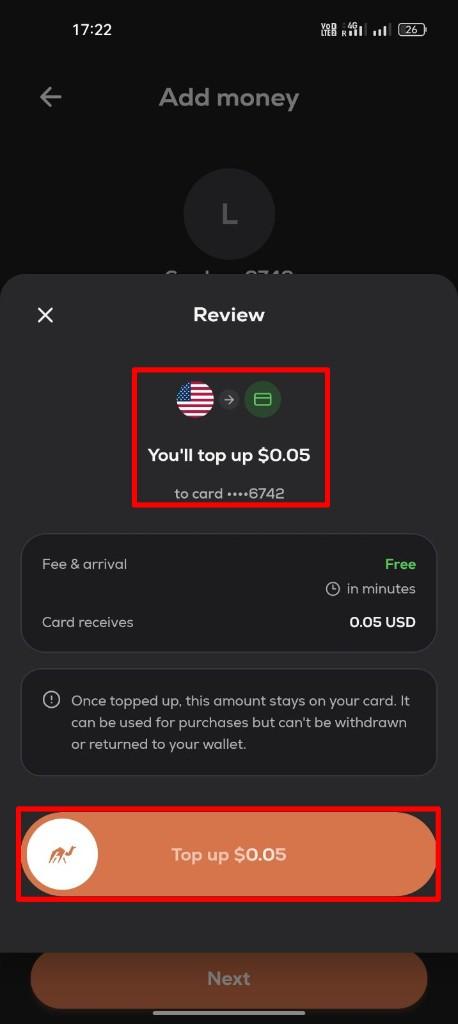 Hawala card top-up review screen