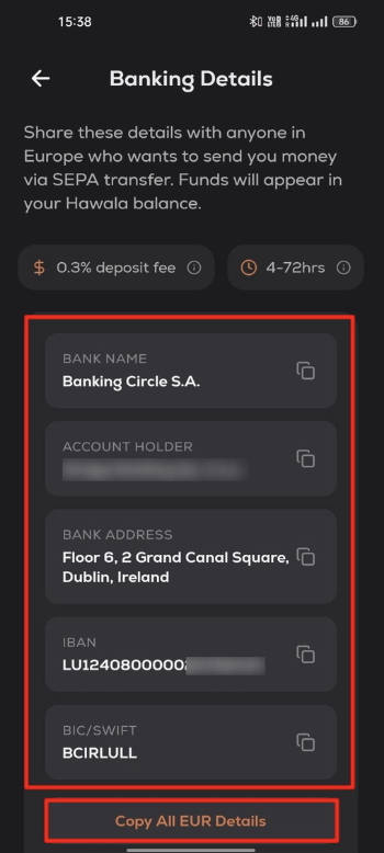 Hawala Euro banking details with IBAN and BIC/SWIFT