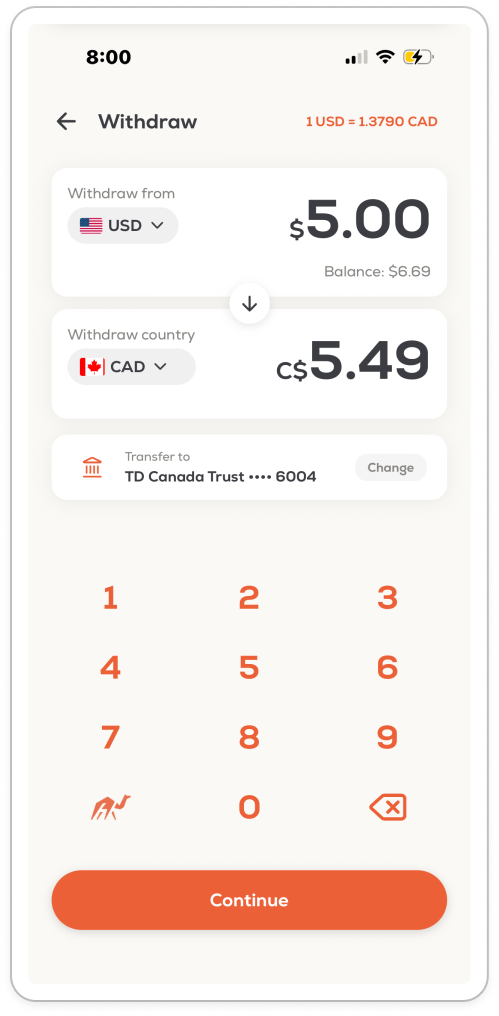 Hawala withdrawal screen — convert USD to local currency