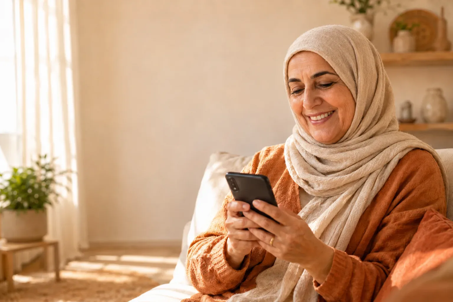 A smiling grandmother checking her phone at home in warm light