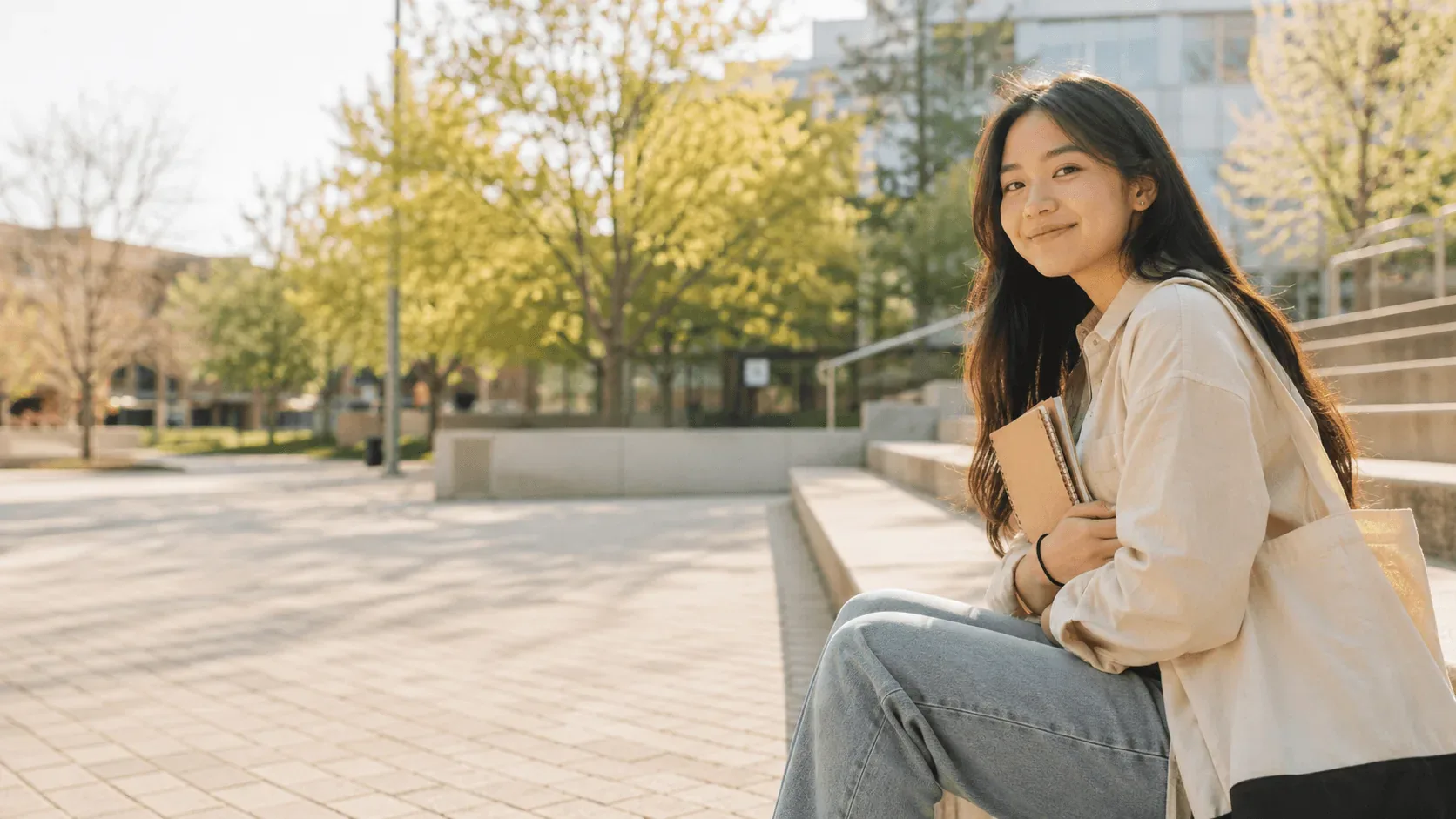 A student sitting with a notebook on a sunny university campus