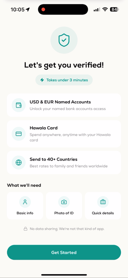 Hawala identity verification screen