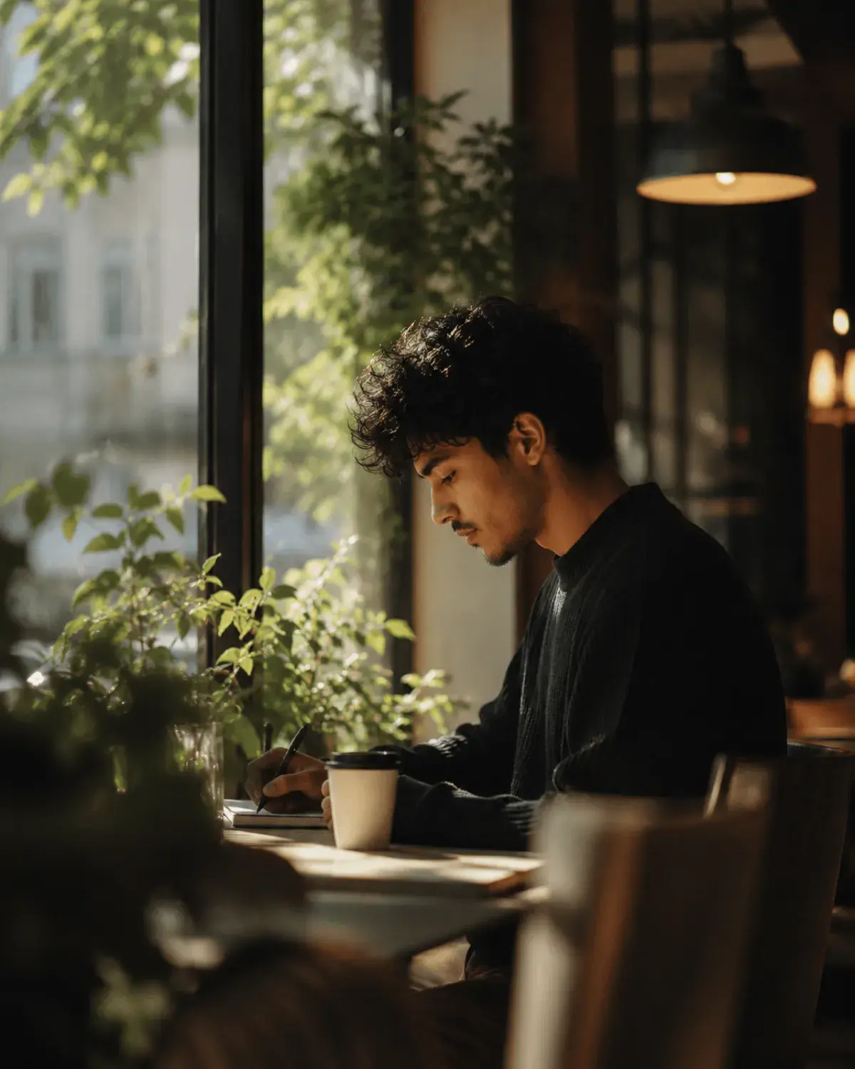 A person working by a sunlit café window